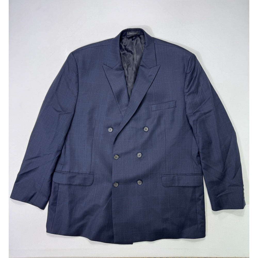 Ralph Lauren Blazer Sport Coat 48R Blue Windowpane Wool Double Breasted Luxury